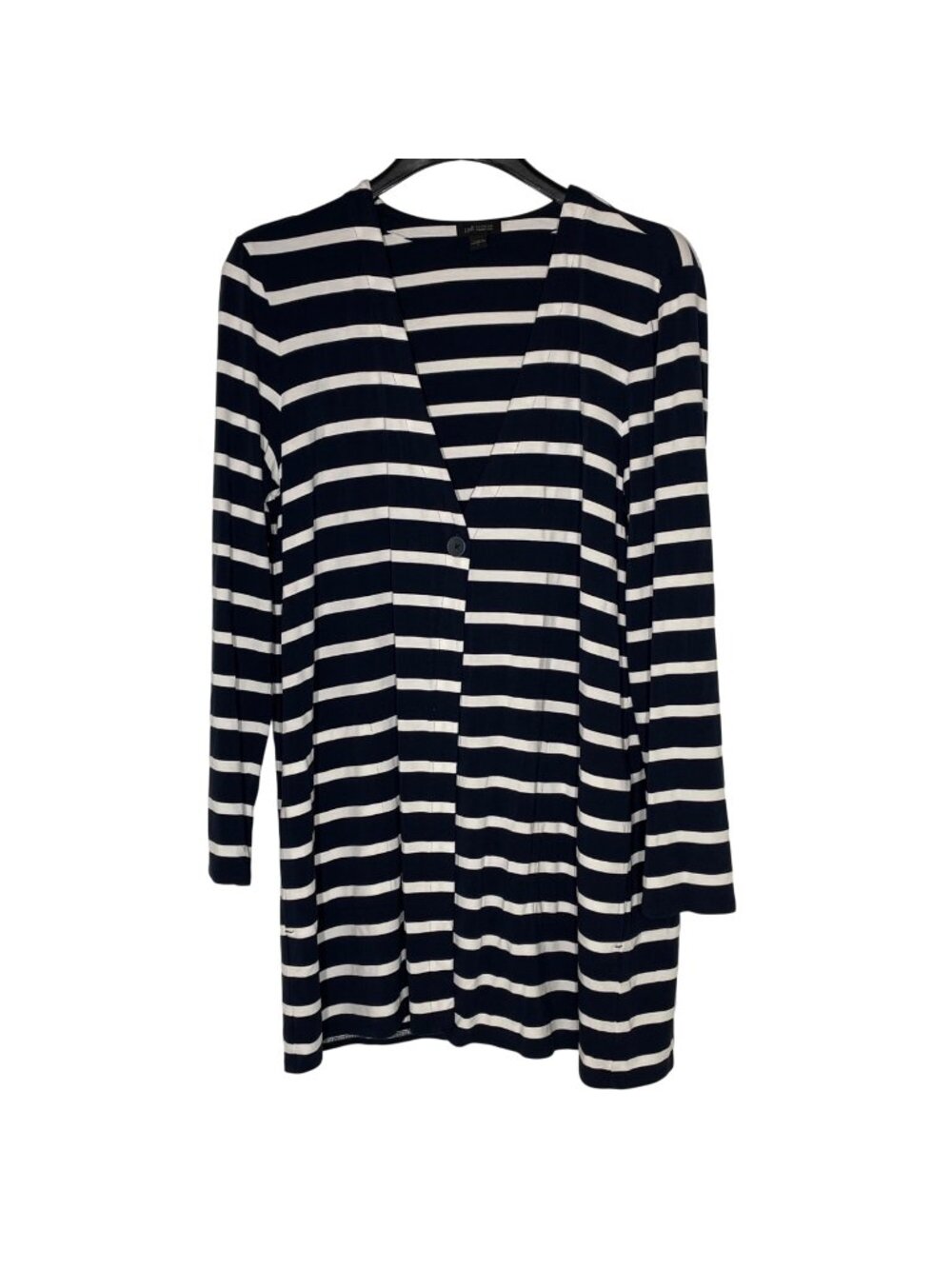 J. Jill Striped Stretch 1 Button Longline Cardigan Sz LG Preppy Nautical Coastal